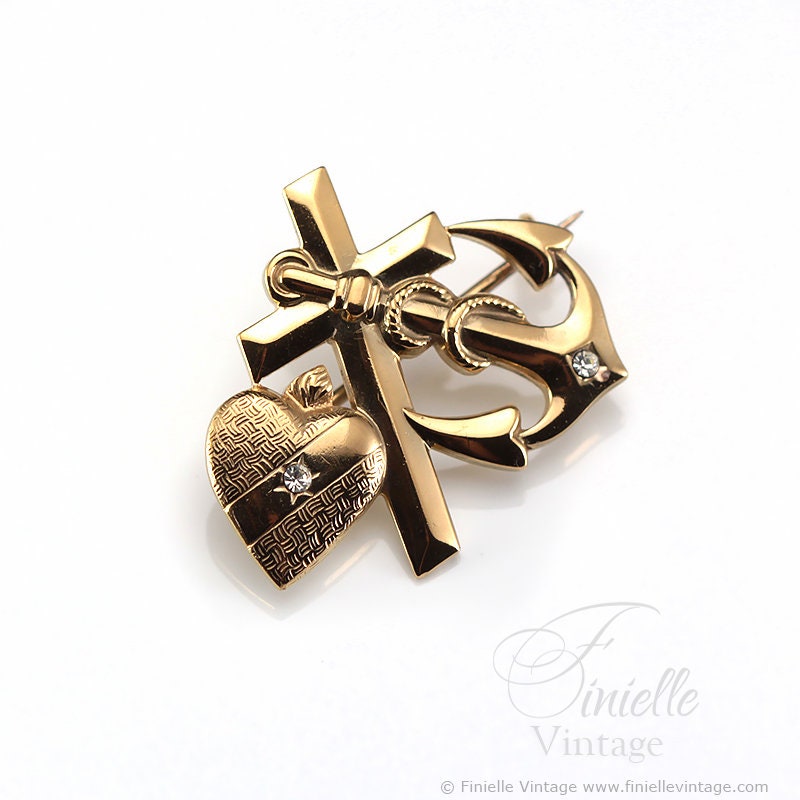 Antique Vintage Art Nouveau Style 1930s Faith Hope and Charity Brooch Pin, 18Ct Gold Filled, Unique Vintage Jewelry Jewellery