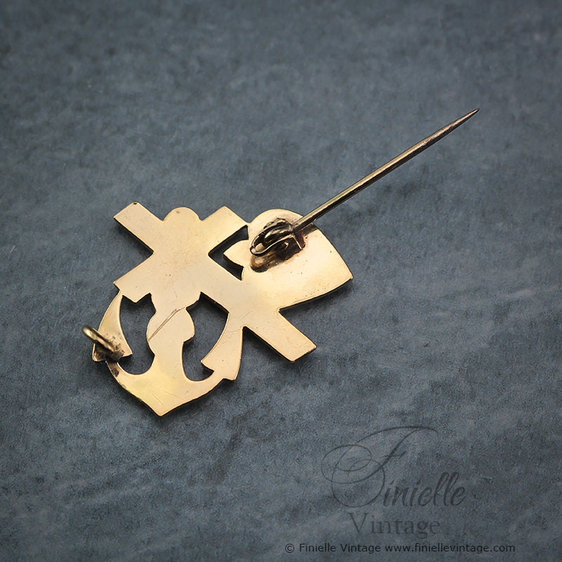 Antique Vintage Art Nouveau Style 1930s Faith Hope and Charity Brooch Pin, 18Ct Gold Filled, Unique Vintage Jewelry Jewellery