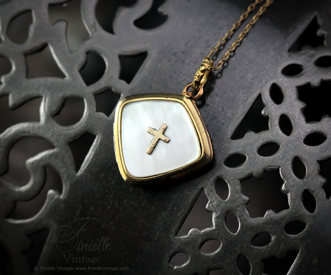 Vintage 1960s 14Ct Rolled Gold, Mother of Pearl, Fancy Shape 2 Photo Locket Pendant, Holly Symbol Cross, 19" Necklace, Signed RiW