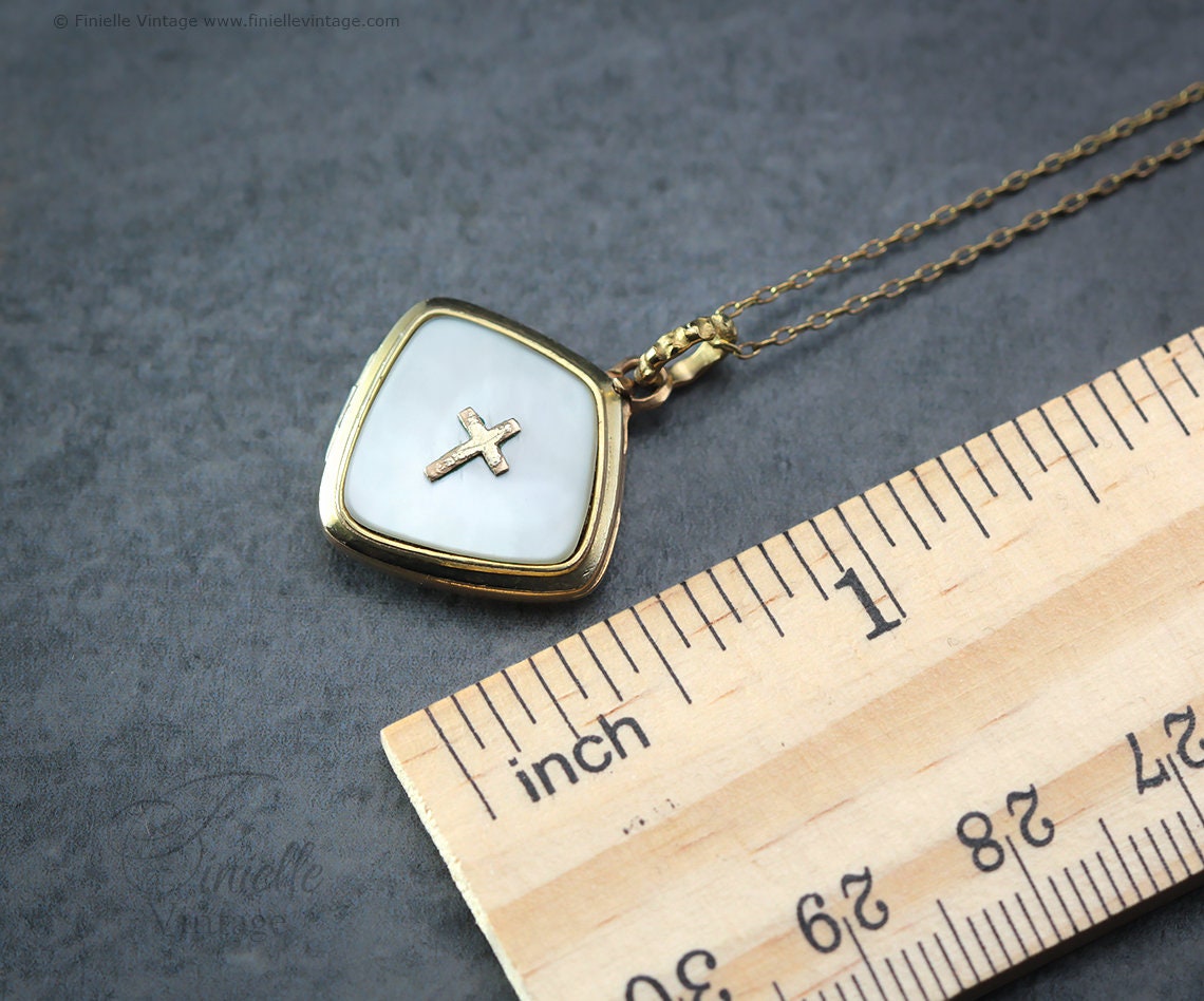 Vintage 1960s 14Ct Rolled Gold, Mother of Pearl, Fancy Shape 2 Photo Locket Pendant, Holly Symbol Cross, 19" Necklace, Signed RiW