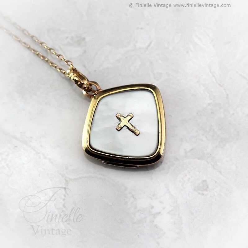 Vintage 1960s 14Ct Rolled Gold, Mother of Pearl, Fancy Shape 2 Photo Locket Pendant, Holly Symbol Cross, 19" Necklace, Signed RiW