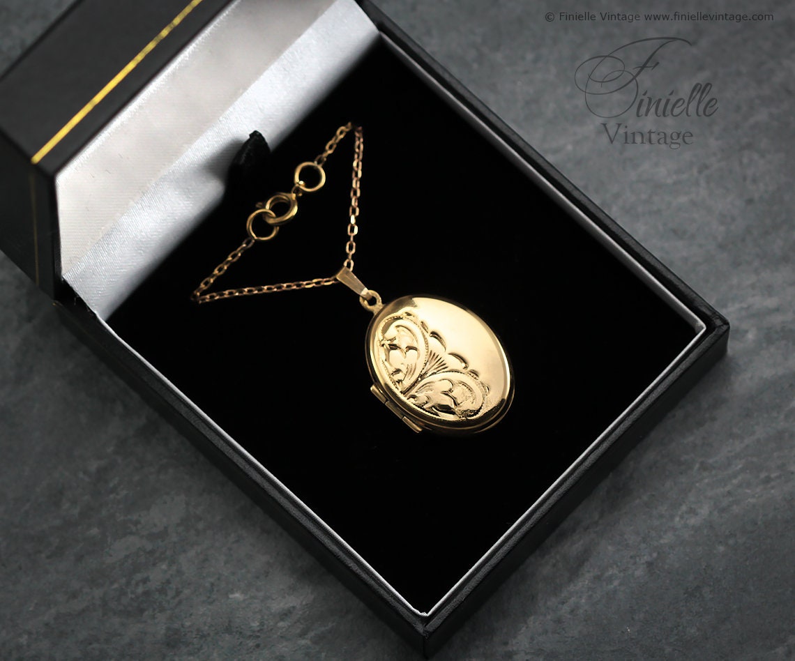 Vintage 1960s 12Ct Rolled Gold Engraved Ornate Oval Shape 2 Photo Locket Pendant, 20" Necklace, Gold Plated Brass Chain