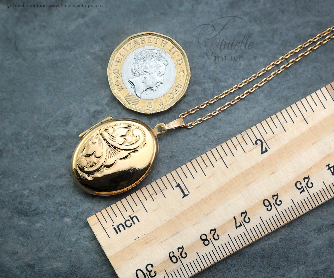 Vintage 1960s 12Ct Rolled Gold Engraved Ornate Oval Shape 2 Photo Locket Pendant, 20" Necklace, Gold Plated Brass Chain