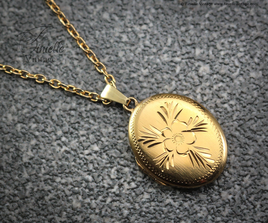 Vintage 1970s 14Ct Rolled Gold Floral Engraved Oval 2 Photo Locket Pendant Necklace, 18Ct Gold Plated 19" Chain, Unique Vintage Gift Jewelry
