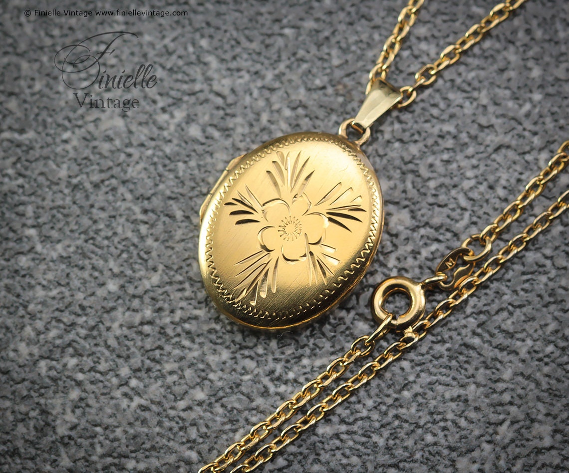 Vintage 1970s 14Ct Rolled Gold Floral Engraved Oval 2 Photo Locket Pendant Necklace, 18Ct Gold Plated 19" Chain, Unique Vintage Gift Jewelry