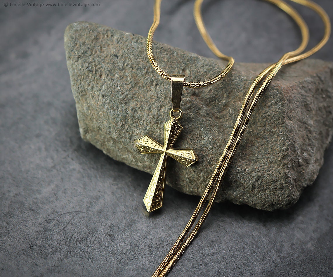 Vintage 1950s 14Ct Rolled Gold Small Crucifix Cross Catholic Necklace Pendant Holy Charm, 21" 18Ct Gold Plated Snake Necklace, Maker K&L
