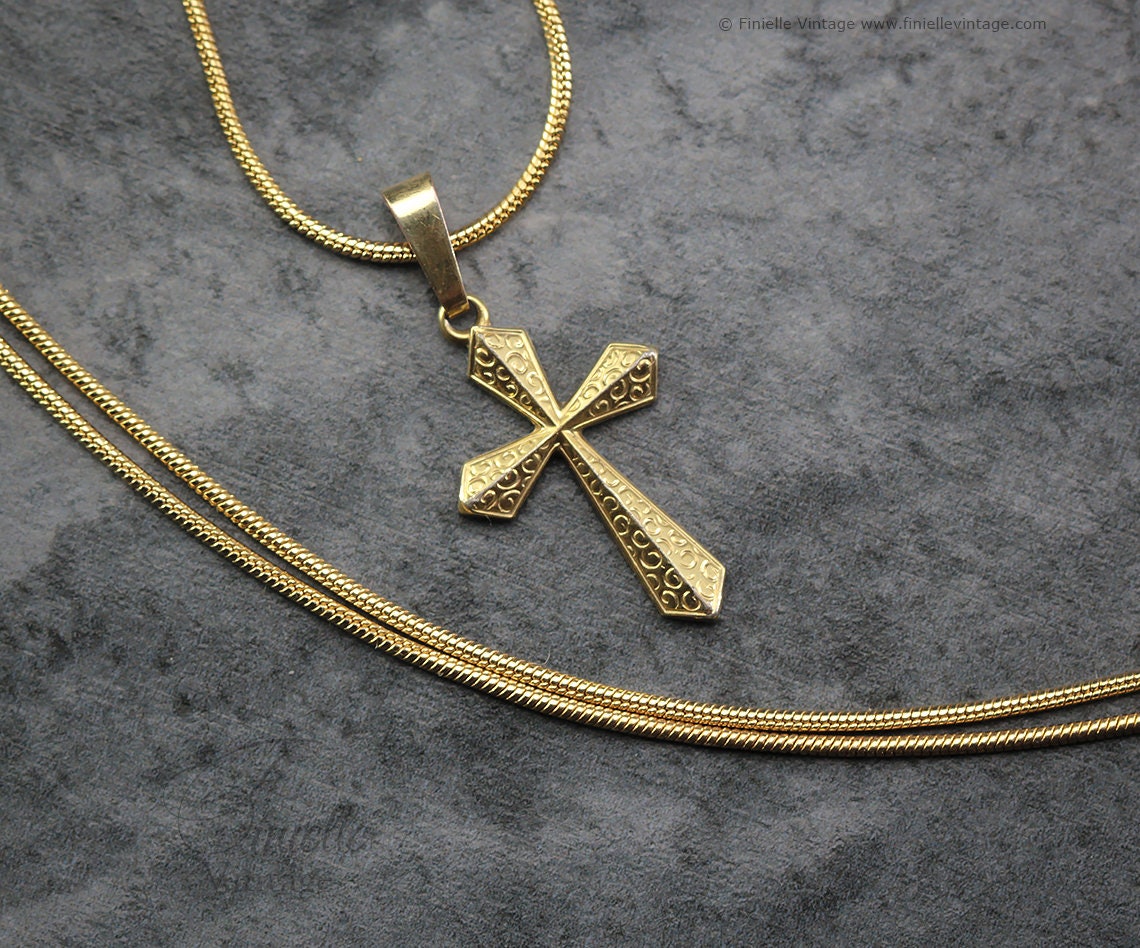 Vintage 1950s 14Ct Rolled Gold Small Crucifix Cross Catholic Necklace Pendant Holy Charm, 21" 18Ct Gold Plated Snake Necklace, Maker K&L