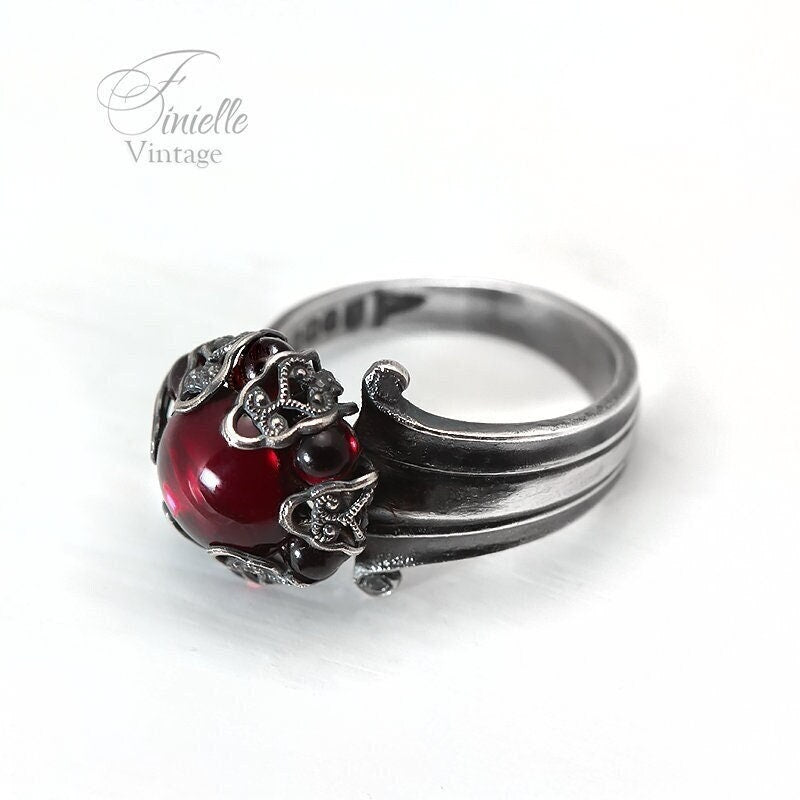 Large Vintage Silver Plated Ornate Spoon Ring | Moonglow Bohemian Red Glass | Antique Gothic Style Jewellery | Unique Gift for Women