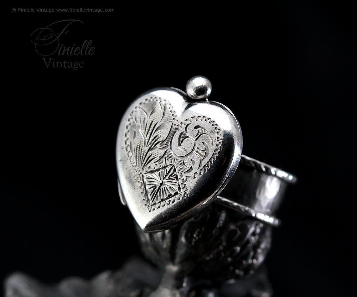 Sterling Silver Edwardian Era Engraved 2 Photo Floral Heart Locket, Handmade Solid Silver Hammered Ring, Unique Gift for Her