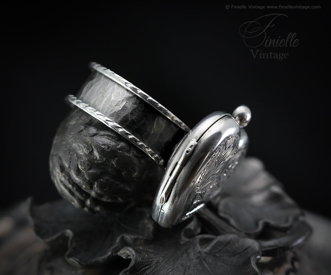 Sterling Silver Edwardian Era Engraved 2 Photo Floral Heart Locket, Handmade Solid Silver Hammered Ring, Unique Gift for Her