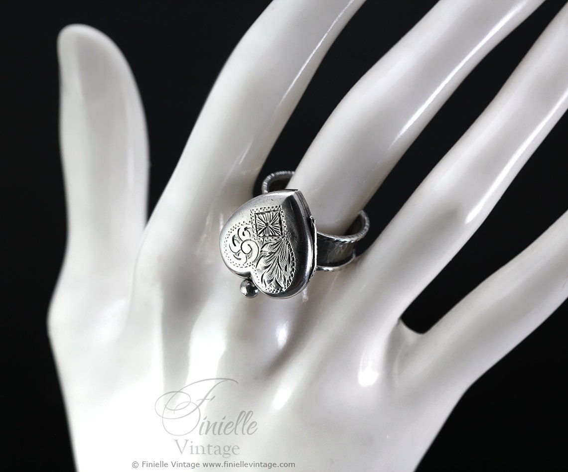 Sterling Silver Edwardian Era Engraved 2 Photo Floral Heart Locket, Handmade Solid Silver Hammered Ring, Unique Gift for Her
