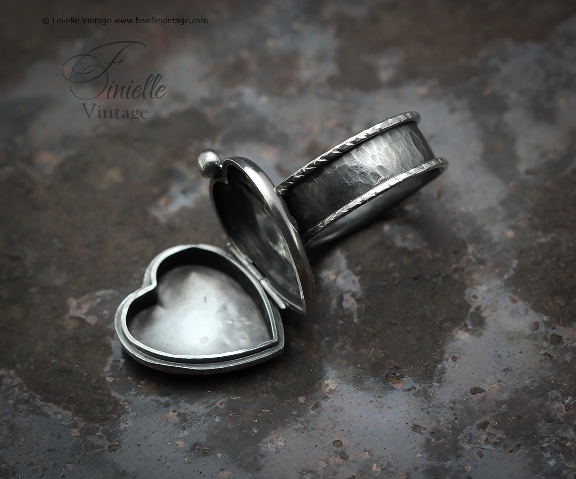 Sterling Silver Edwardian Era Engraved 2 Photo Floral Heart Locket, Handmade Solid Silver Hammered Ring, Unique Gift for Her
