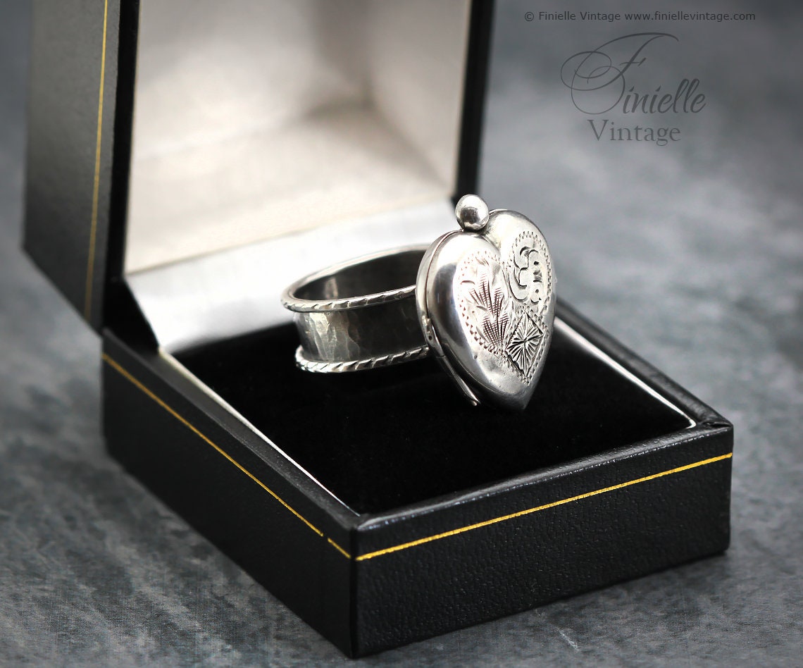 Sterling Silver Edwardian Era Engraved 2 Photo Floral Heart Locket, Handmade Solid Silver Hammered Ring, Unique Gift for Her