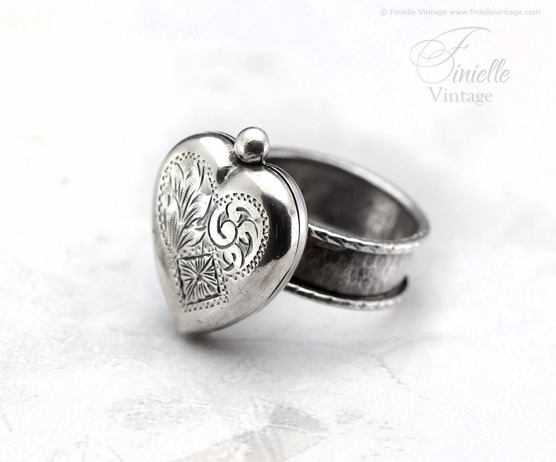 Sterling Silver Edwardian Era Engraved 2 Photo Floral Heart Locket, Handmade Solid Silver Hammered Ring, Unique Gift for Her