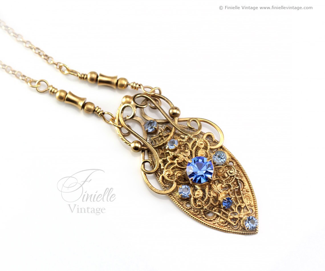 Antique 1920s Art Deco Czech Brooch Repurposed to Necklace, Ornate, Filigree, Blue Crystal Rhinestones, 18Ct Gold Plated, 23.6" Rolo Chain