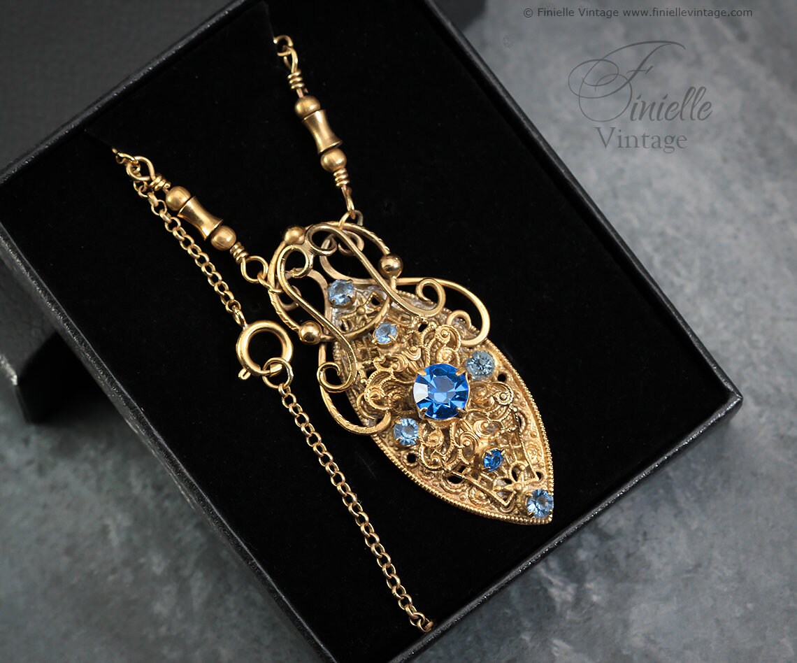 Antique 1920s Art Deco Czech Brooch Repurposed to Necklace, Ornate, Filigree, Blue Crystal Rhinestones, 18Ct Gold Plated, 23.6" Rolo Chain