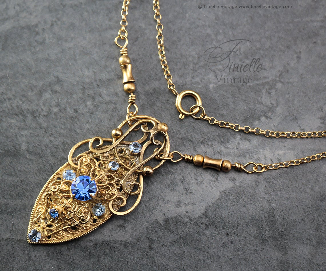 Antique 1920s Art Deco Czech Brooch Repurposed to Necklace, Ornate, Filigree, Blue Crystal Rhinestones, 18Ct Gold Plated, 23.6" Rolo Chain