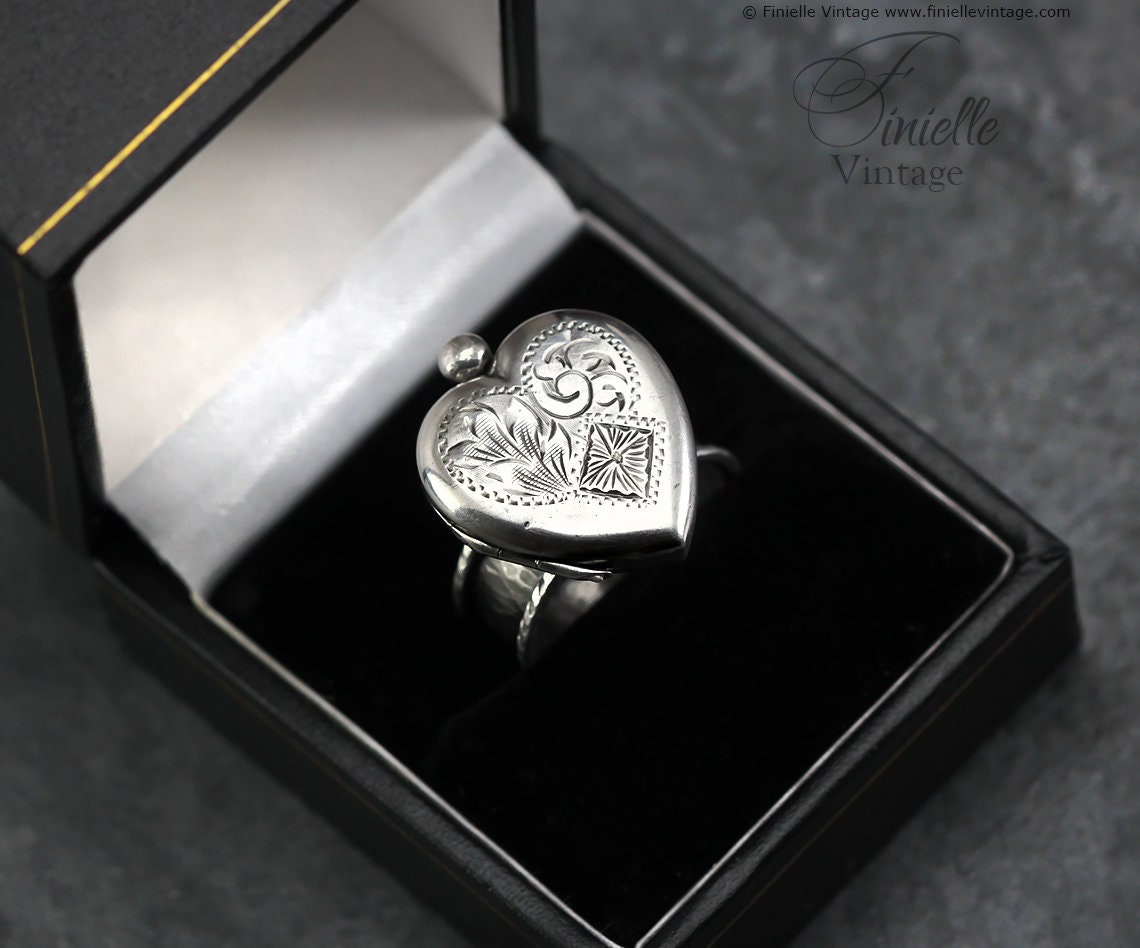 Sterling Silver Edwardian Era Engraved 2 Photo Floral Heart Locket, Handmade Solid Silver Hammered Ring, Unique Gift for Her
