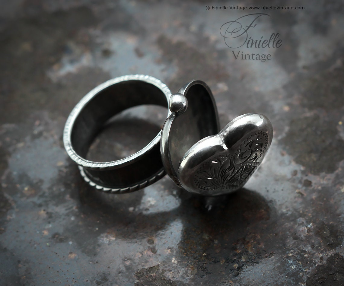 Sterling Silver Edwardian Era Engraved 2 Photo Floral Heart Locket, Handmade Solid Silver Hammered Ring, Unique Gift for Her