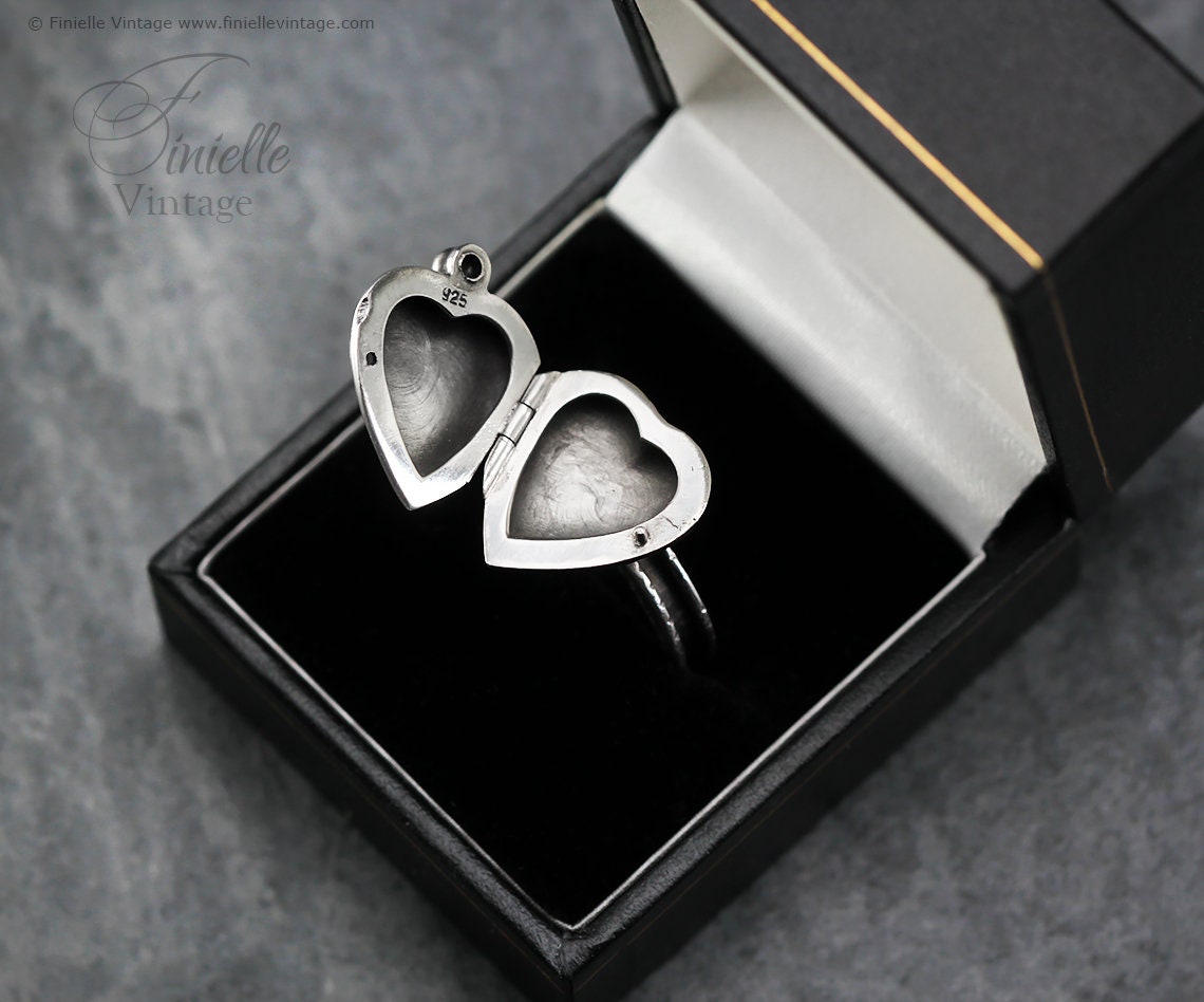Sterling Silver Art Deco Era Engraved 2 Photo Heart Locket, Handmade Solid Silver Hammered Ring, Unique Gift for Her