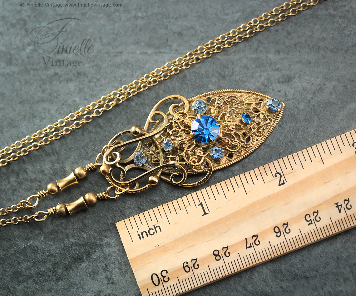 Antique 1920s Art Deco Czech Brooch Repurposed to Necklace, Ornate, Filigree, Blue Crystal Rhinestones, 18Ct Gold Plated, 23.6" Rolo Chain