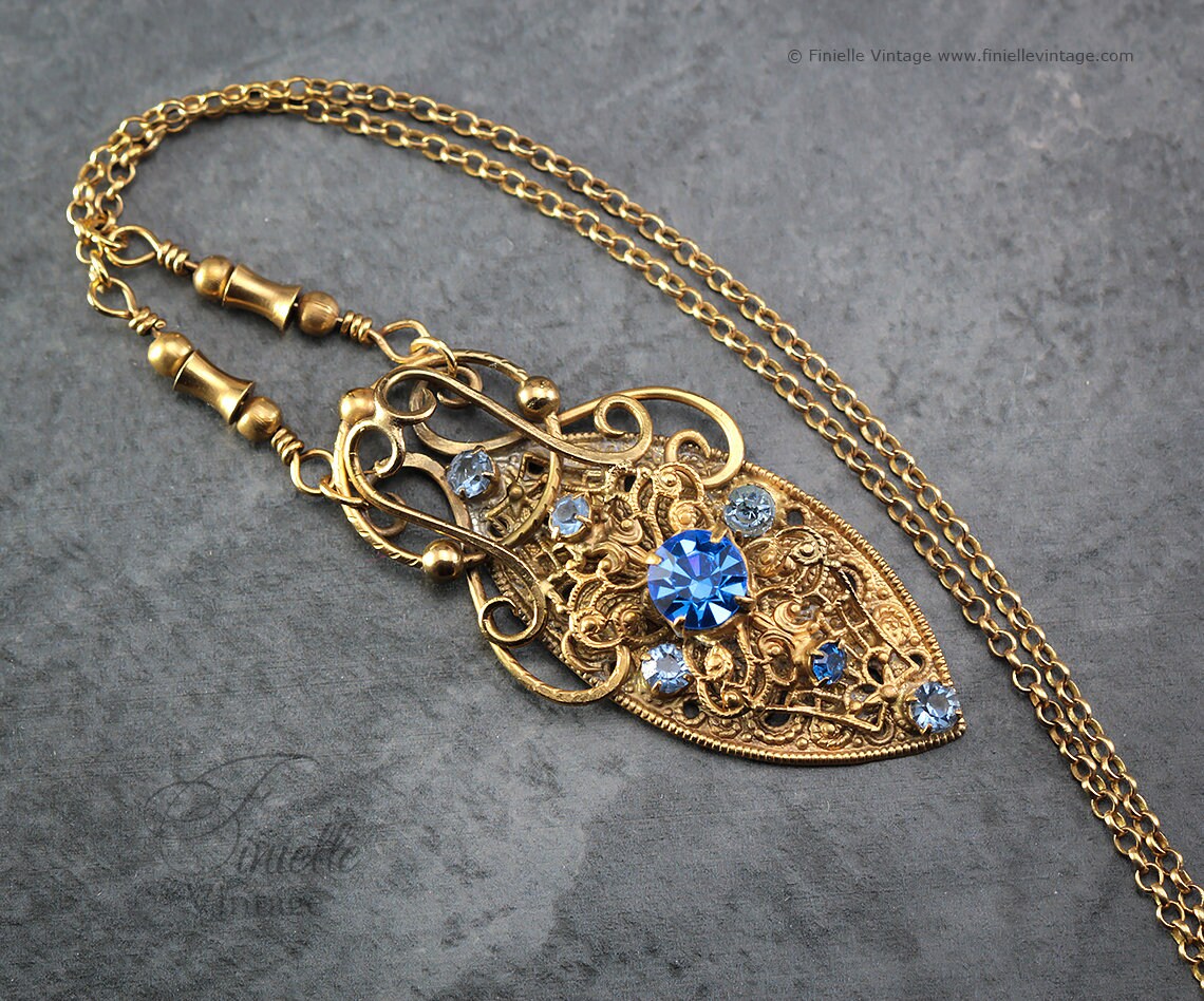 Antique 1920s Art Deco Czech Brooch Repurposed to Necklace, Ornate, Filigree, Blue Crystal Rhinestones, 18Ct Gold Plated, 23.6" Rolo Chain