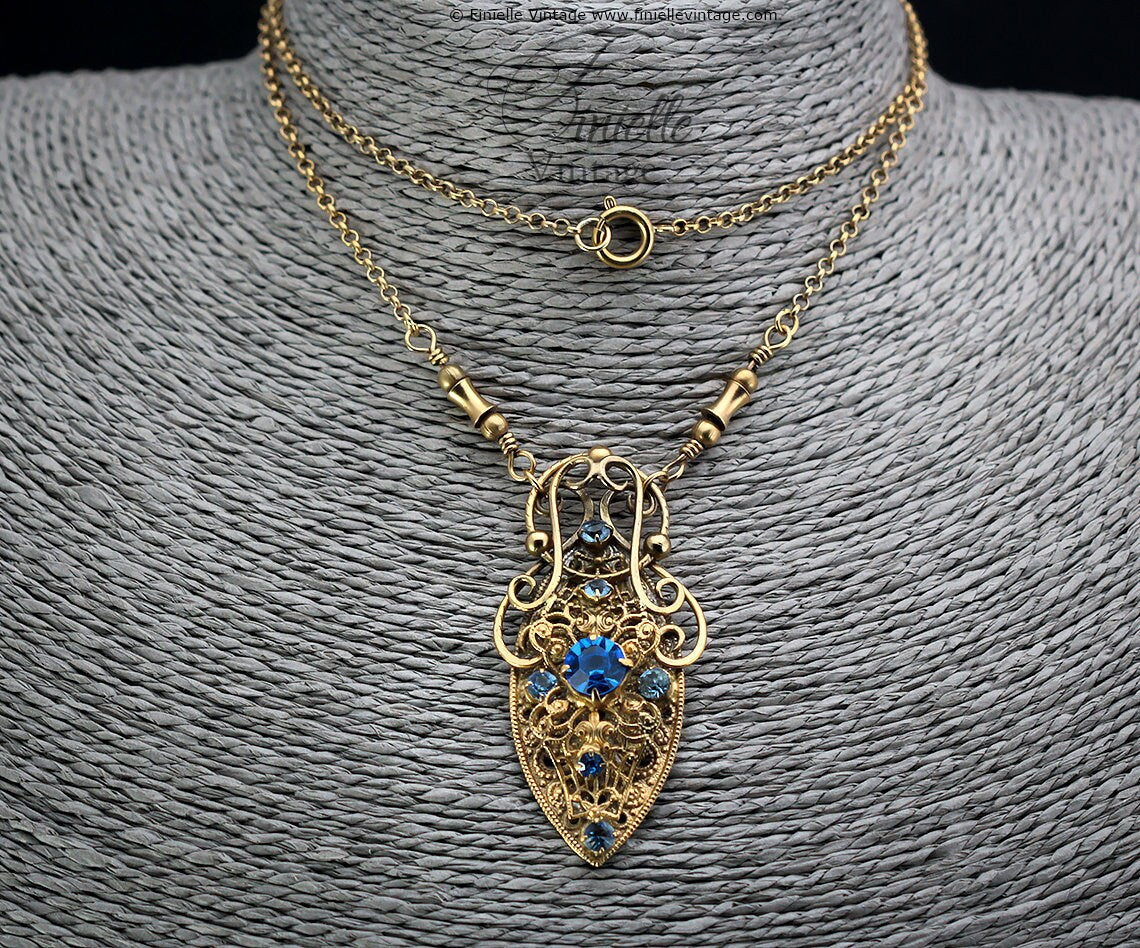 Antique 1920s Art Deco Czech Brooch Repurposed to Necklace, Ornate, Filigree, Blue Crystal Rhinestones, 18Ct Gold Plated, 23.6" Rolo Chain