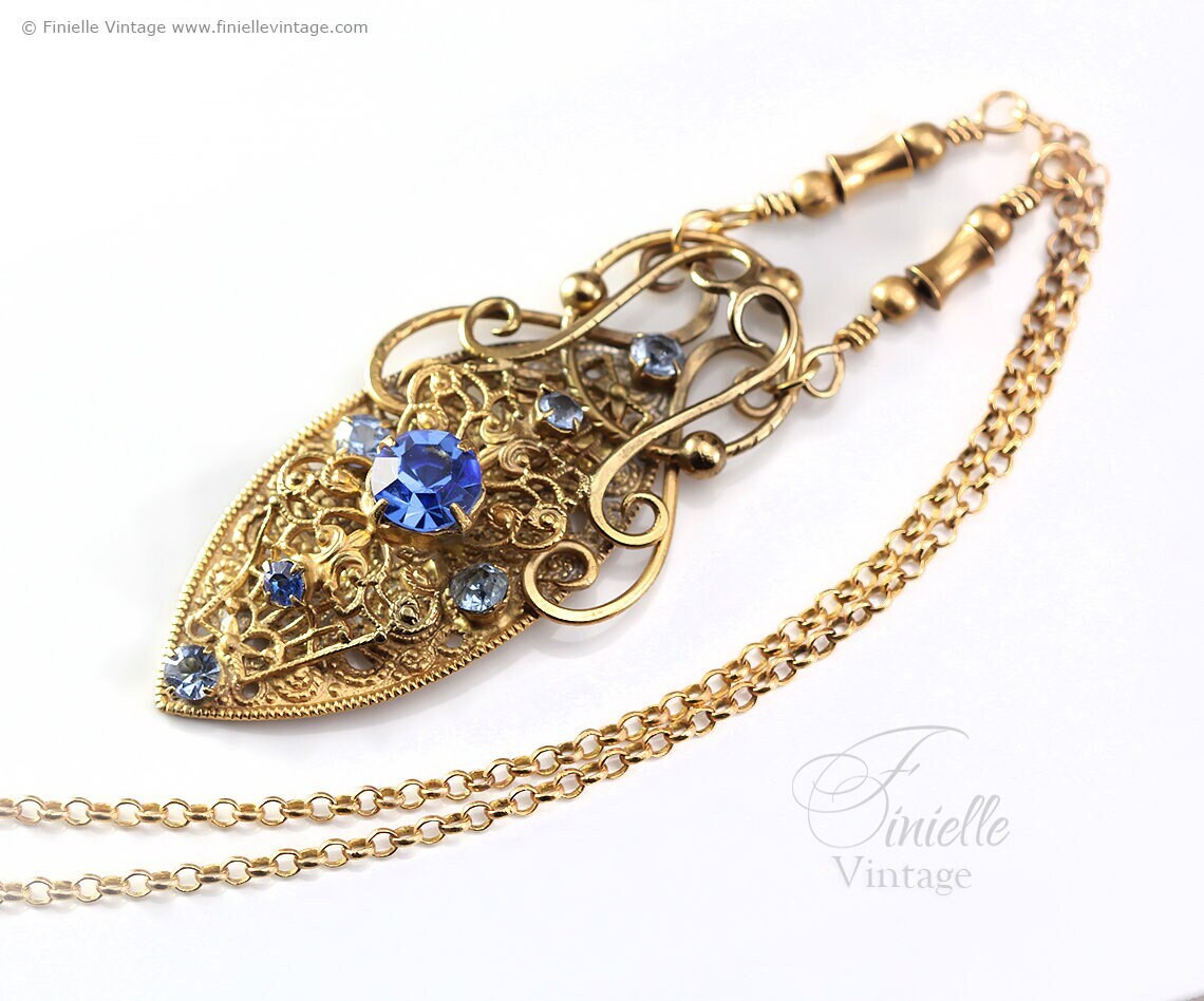 Antique 1920s Art Deco Czech Brooch Repurposed to Necklace, Ornate, Filigree, Blue Crystal Rhinestones, 18Ct Gold Plated, 23.6" Rolo Chain