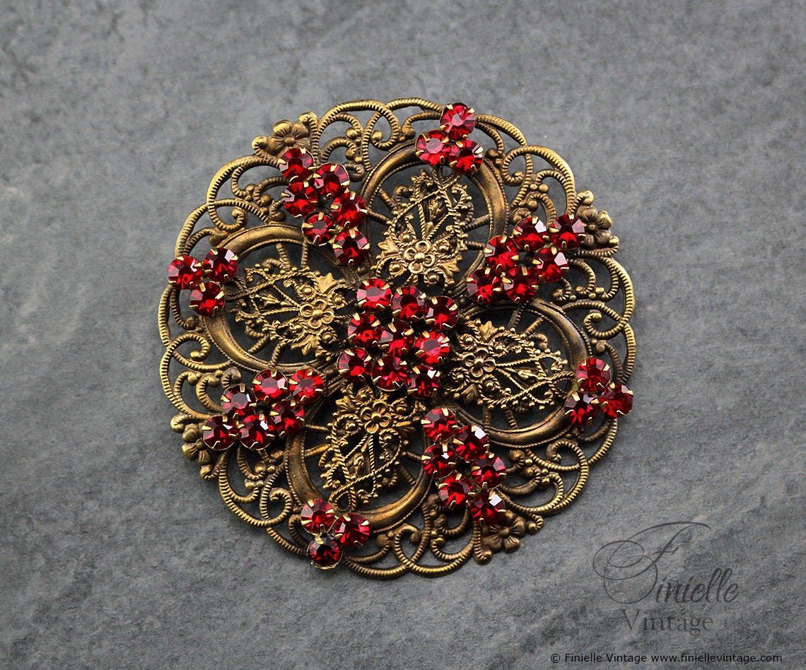 Antique Vintage c1920-1930 Art Deco Czech Bohemian Filigree Round Large Brooch Pin, Brass, Gold Tone, Crystal Rhinestones, Unique Jewelry