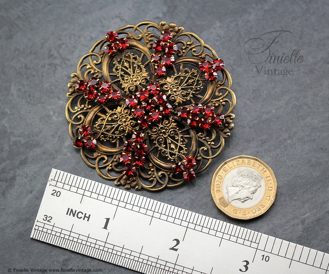 Antique Vintage c1920-1930 Art Deco Czech Bohemian Filigree Round Large Brooch Pin, Brass, Gold Tone, Crystal Rhinestones, Unique Jewelry