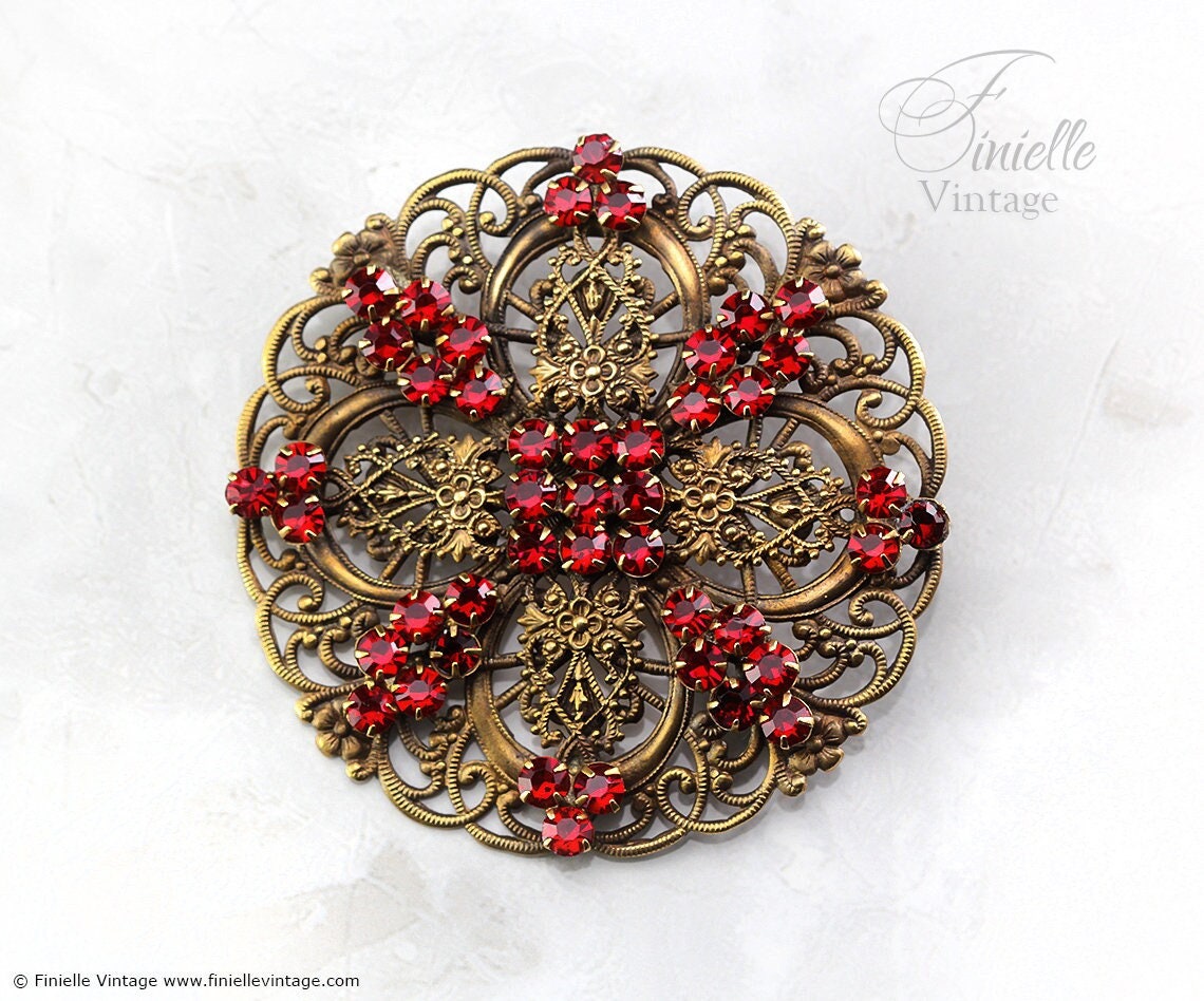 Antique Vintage c1920-1930 Art Deco Czech Bohemian Filigree Round Large Brooch Pin, Brass, Gold Tone, Crystal Rhinestones, Unique Jewelry