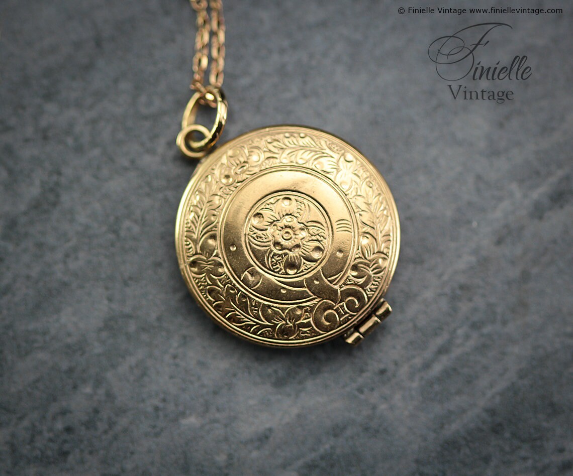 Antique Victorian Ornate Floral Charm Round Locket Pendant Necklace, 18Ct Yellow Gold Plated 20" Chain, Unique Gift