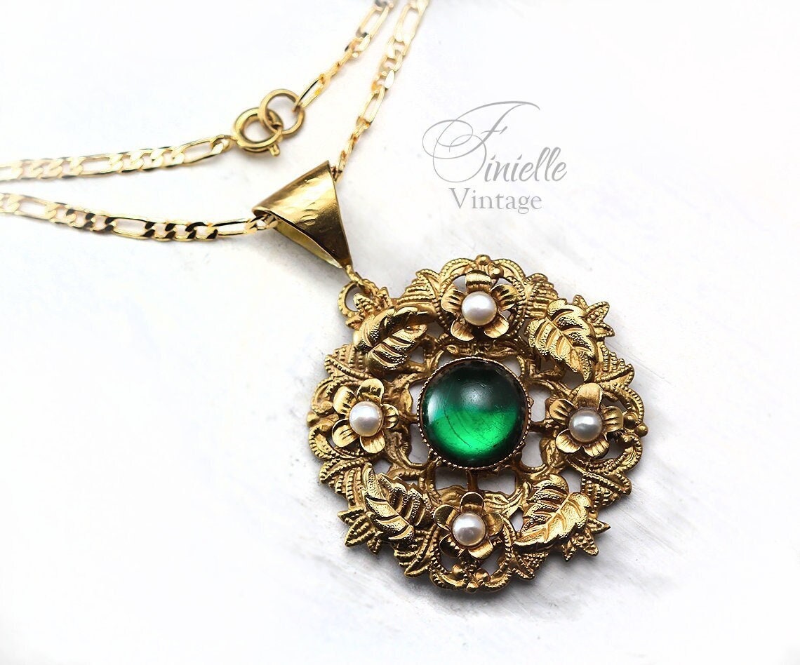 Vintage Art Deco 1915-1930 Floral Ornate Necklace Pendant, Repurposed, Moonglow Bohemian Green Glass, Freshwater Pearls, 18Ct Gold Plated