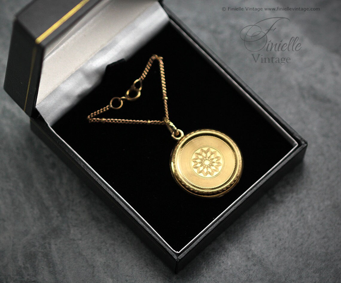 Antique Victorian/Edwardian Ornate Charm Round Locket Pendant Necklace, 18Ct Yellow Gold Plated 20.5" Chain, RARE, Unique Gift