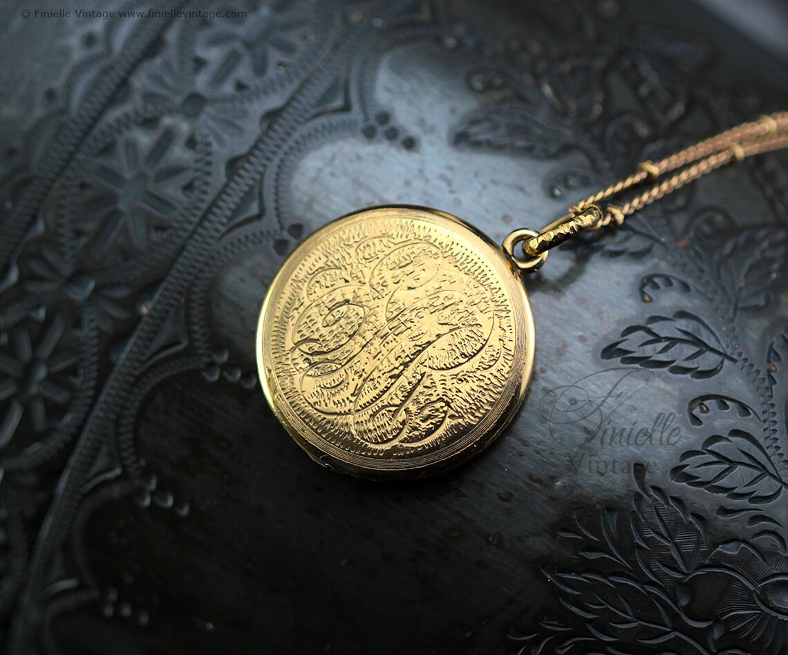 Antique Victorian/Edwardian Ornate Charm Round Locket Pendant Necklace, 18Ct Yellow Gold Plated 20.5" Chain, RARE, Unique Gift