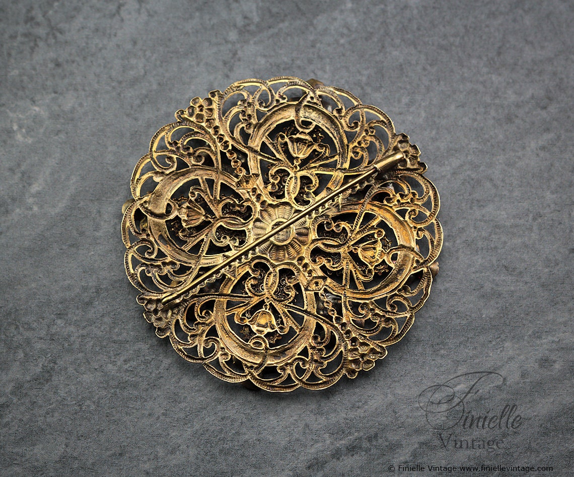 Antique Vintage c1920-1930 Art Deco Czech Bohemian Filigree Round Large Brooch Pin, Brass, Gold Tone, Crystal Rhinestones, Unique Jewelry