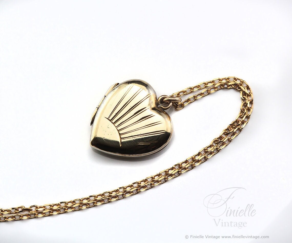 Antique Rolled Gold Victorian 1850-1900 Engraved Heart Charm Small Locket Pendant Necklace, 18Ct Yellow Gold Plated 16.5" Chain, Unique Gift