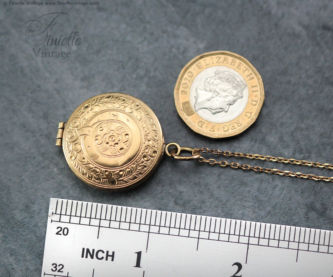 Antique Victorian Ornate Floral Charm Round Locket Pendant Necklace, 18Ct Yellow Gold Plated 20" Chain, Unique Gift