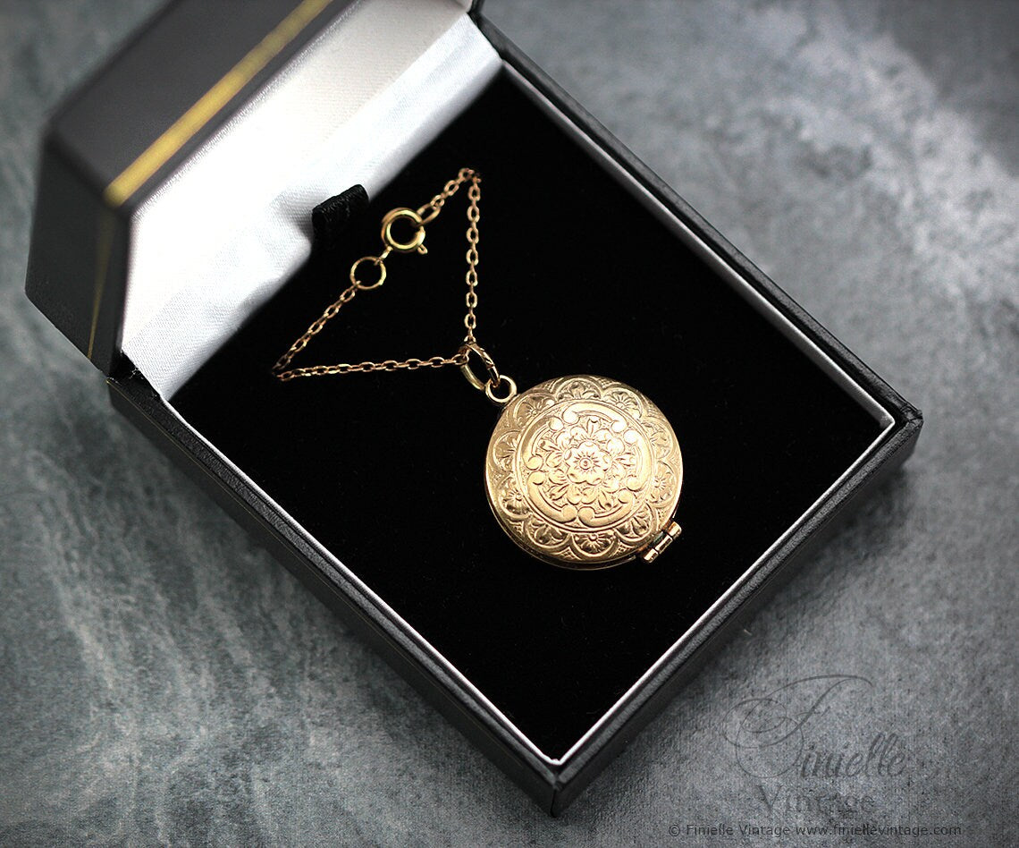 Antique Victorian Ornate Floral Charm Round Locket Pendant Necklace, 18Ct Yellow Gold Plated 20" Chain, Unique Gift