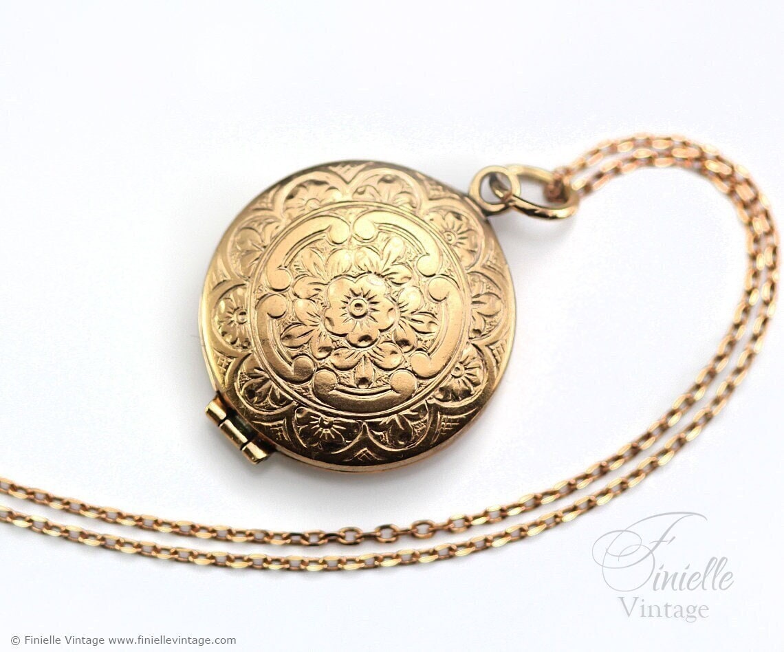 Antique Victorian Ornate Floral Charm Round Locket Pendant Necklace, 18Ct Yellow Gold Plated 20" Chain, Unique Gift