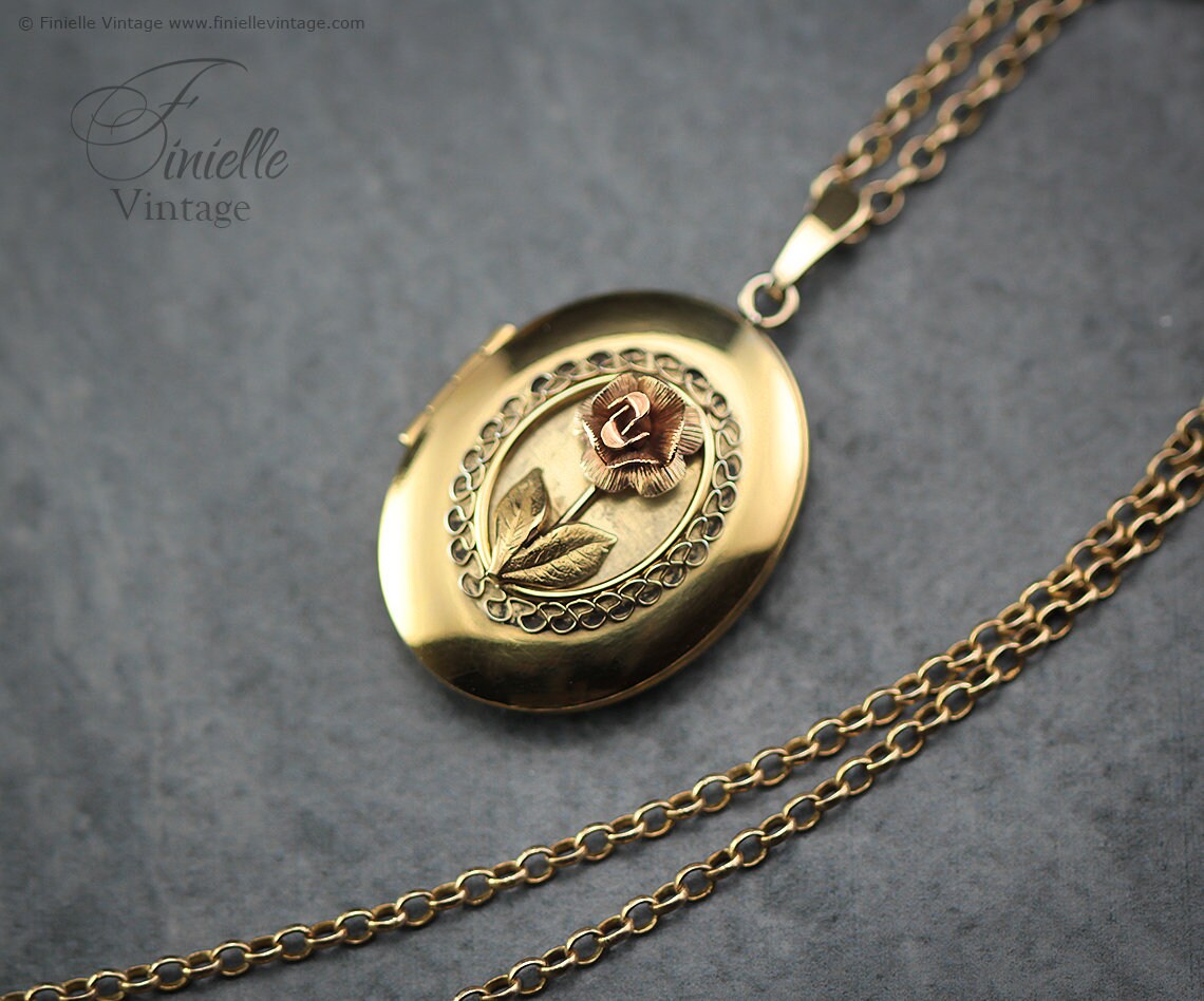 Vintage 1970s, 14Ct Gold Filled, Ornate Filigree Floral, Rose, 2 Photos Oval Locket Pendant Necklace, 18Ct Gold Plated 20.5" Rolo Chain