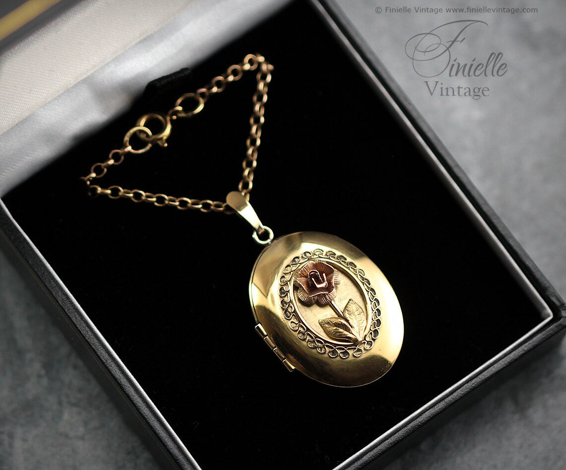 Vintage 1970s, 14Ct Gold Filled, Ornate Filigree Floral, Rose, 2 Photos Oval Locket Pendant Necklace, 18Ct Gold Plated 20.5" Rolo Chain
