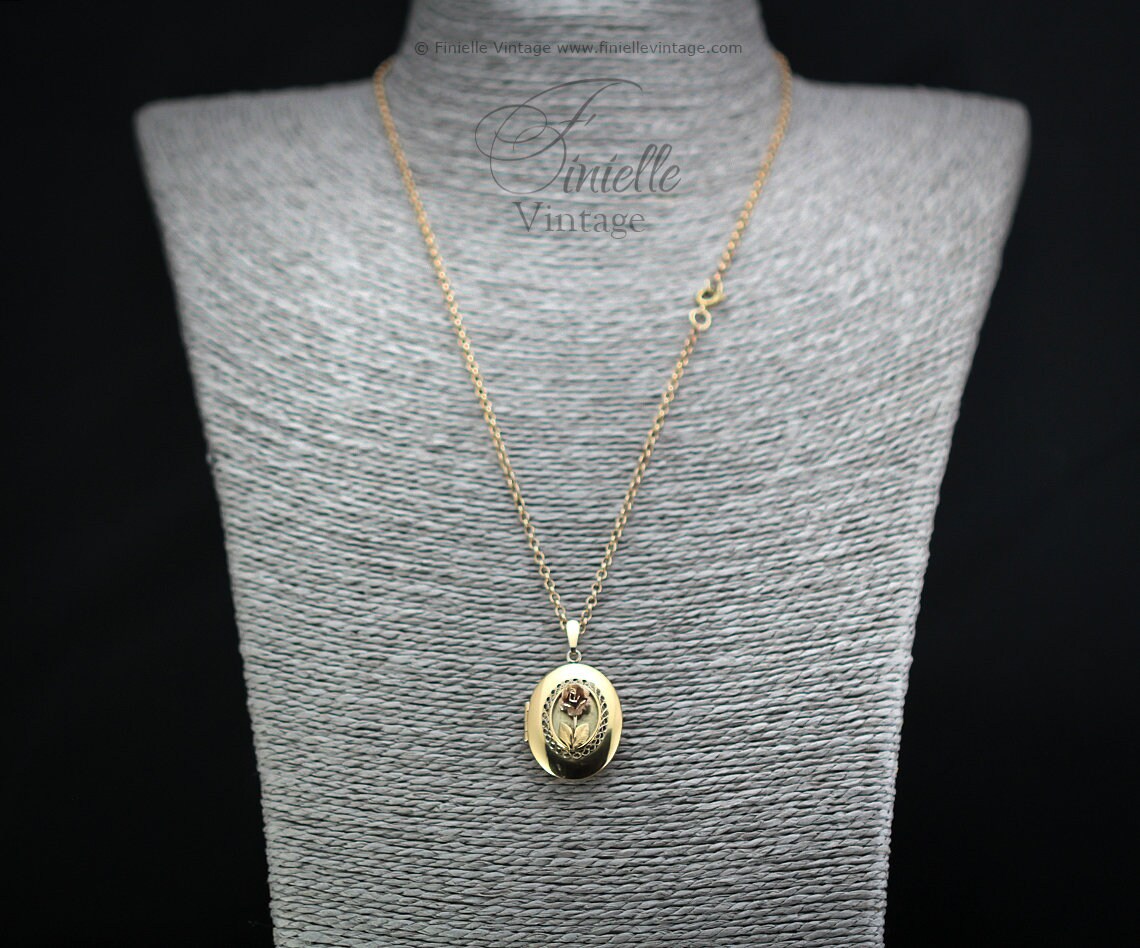 Vintage 1970s, 14Ct Gold Filled, Ornate Filigree Floral, Rose, 2 Photos Oval Locket Pendant Necklace, 18Ct Gold Plated 20.5" Rolo Chain