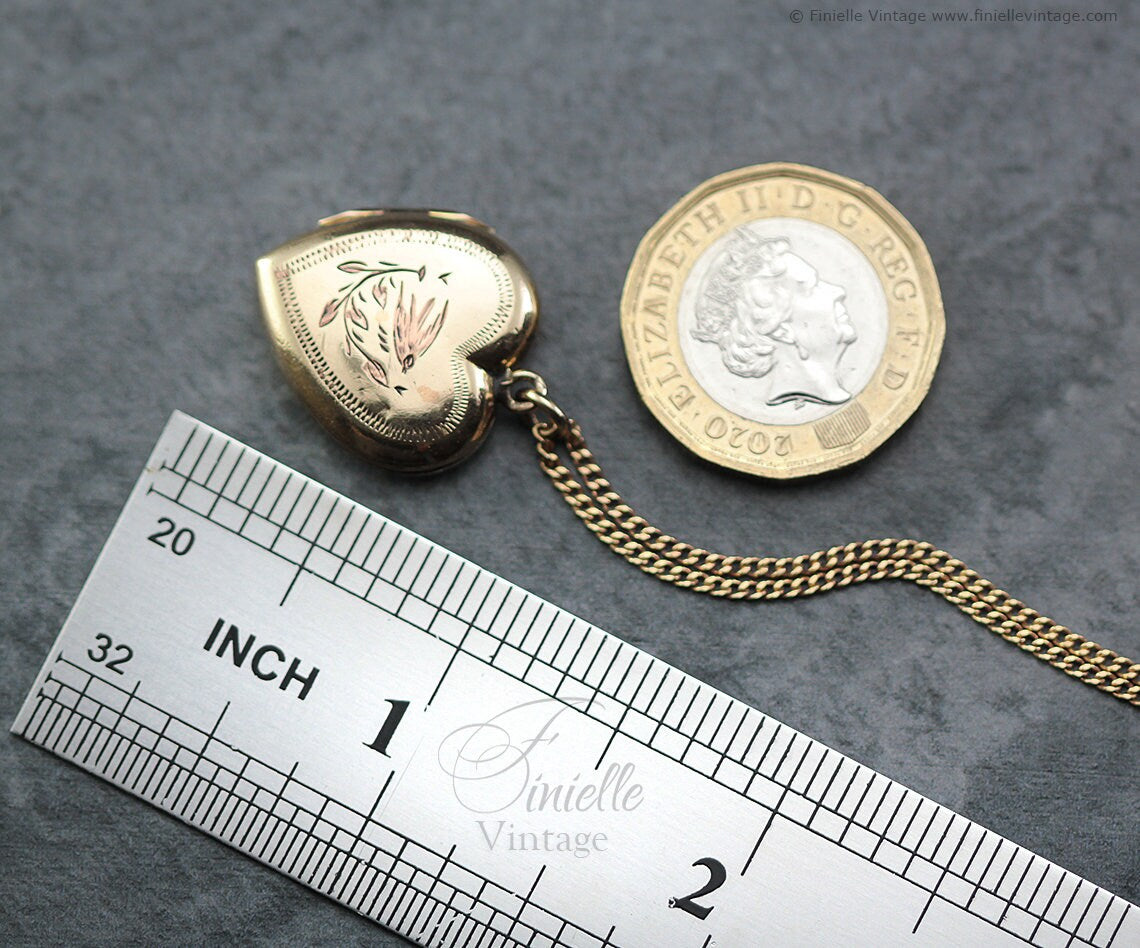 Antique Rolled Gold Victorian 1850-1900 Engraved Swallow Floral Heart Charm Locket Pendant Necklace, 18Ct Yellow Gold Plated 18" Chain
