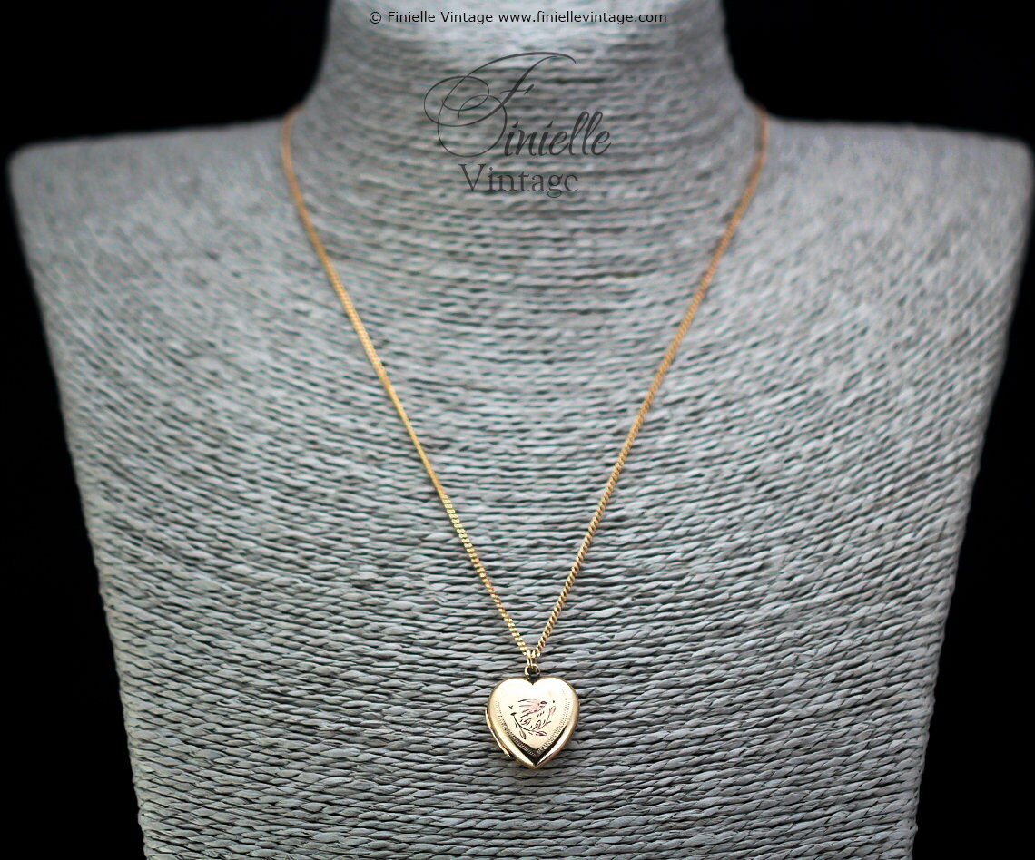 Antique Rolled Gold Victorian 1850-1900 Engraved Swallow Floral Heart Charm Locket Pendant Necklace, 18Ct Yellow Gold Plated 18" Chain