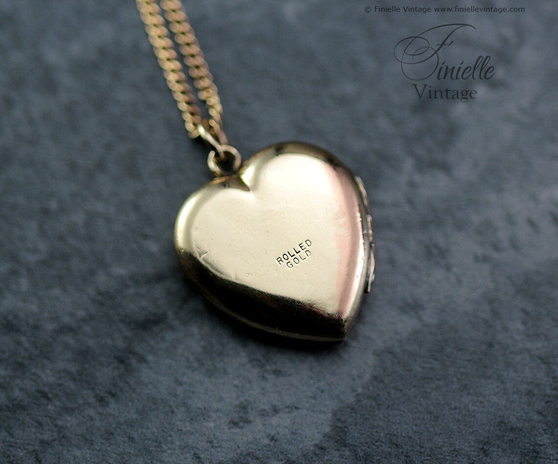 Antique Rolled Gold Victorian 1850-1900 Engraved Swallow Floral Heart Charm Locket Pendant Necklace, 18Ct Yellow Gold Plated 18" Chain