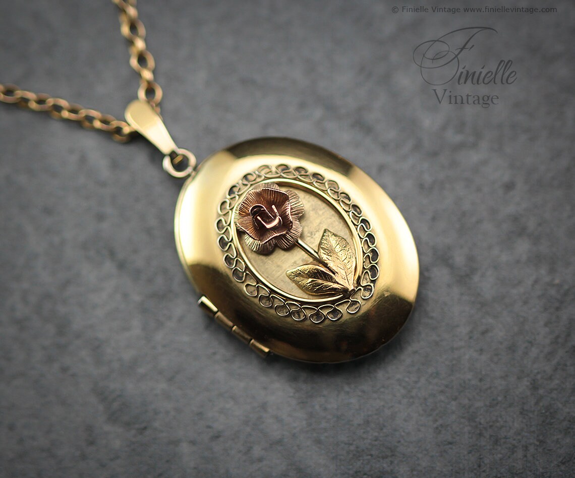 Vintage 1970s, 14Ct Gold Filled, Ornate Filigree Floral, Rose, 2 Photos Oval Locket Pendant Necklace, 18Ct Gold Plated 20.5" Rolo Chain