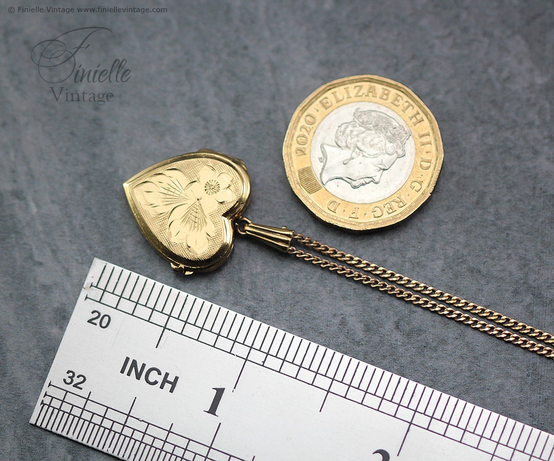 Vintage 14Ct Rolled Gold 1970s Hand Engraved Floral Heart Charm Locket Pendant Necklace, 18Ct Yellow Gold Plated 18" Plain Curb Chain