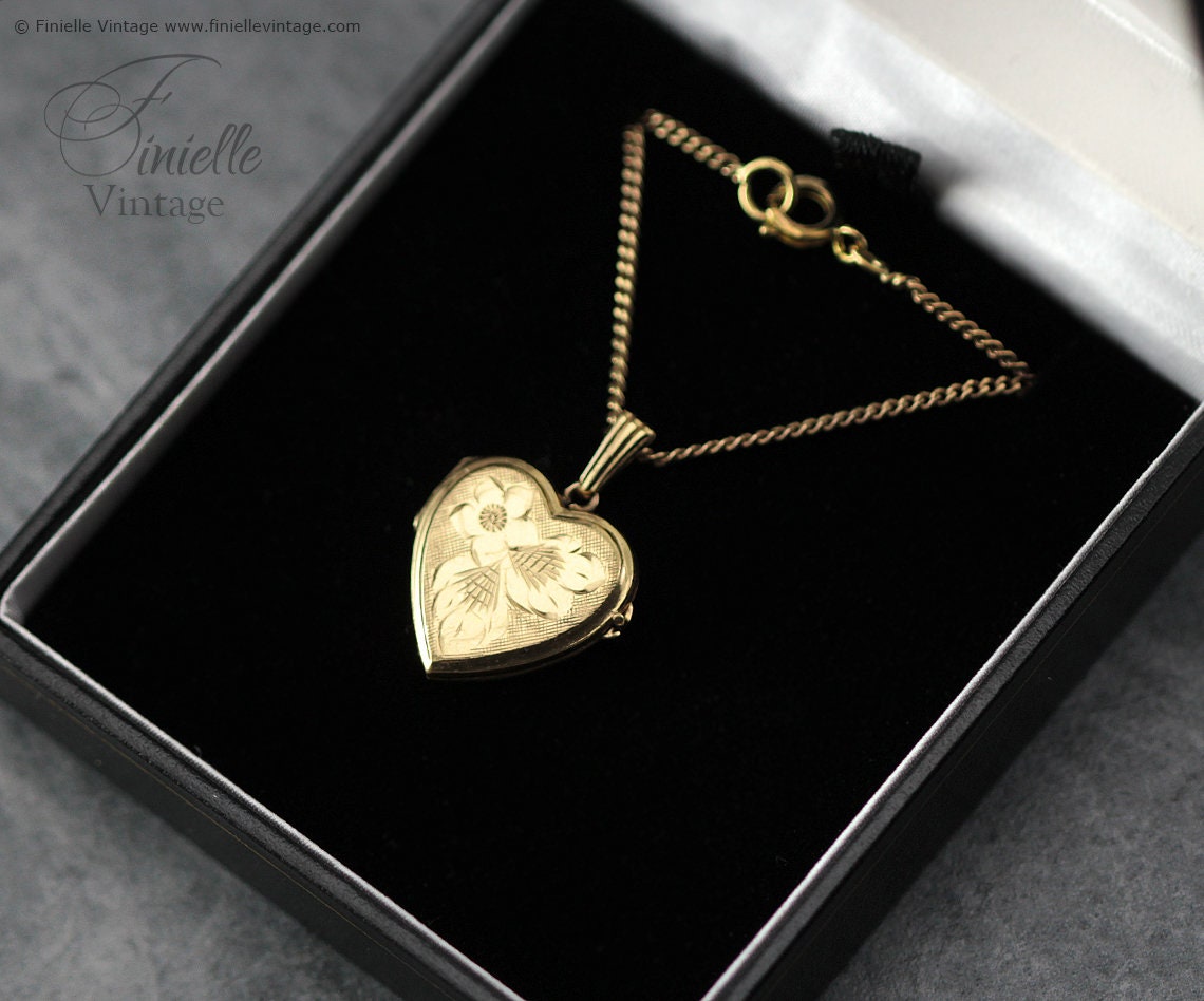 Vintage 14Ct Rolled Gold 1970s Hand Engraved Floral Heart Charm Locket Pendant Necklace, 18Ct Yellow Gold Plated 18" Plain Curb Chain