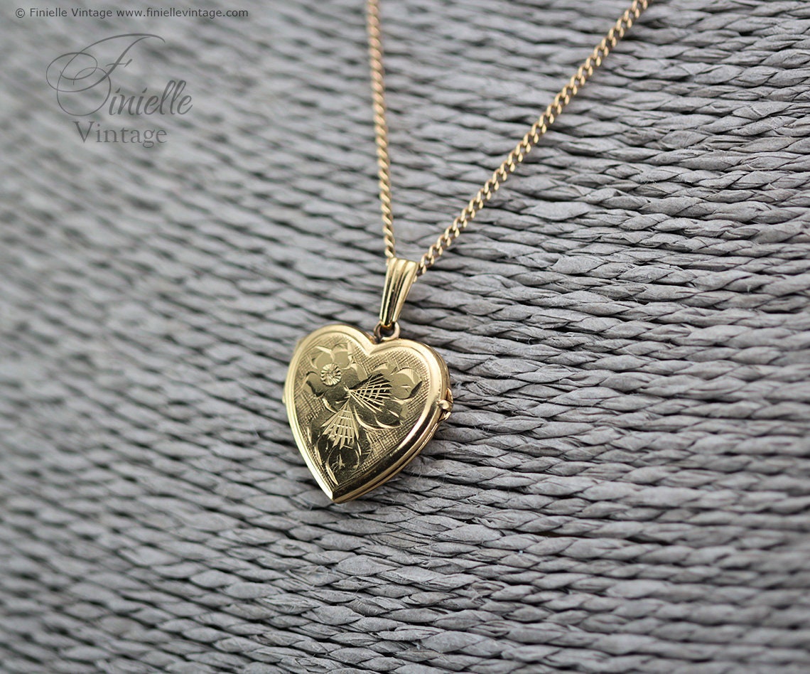 Vintage 14Ct Rolled Gold 1970s Hand Engraved Floral Heart Charm Locket Pendant Necklace, 18Ct Yellow Gold Plated 18" Plain Curb Chain